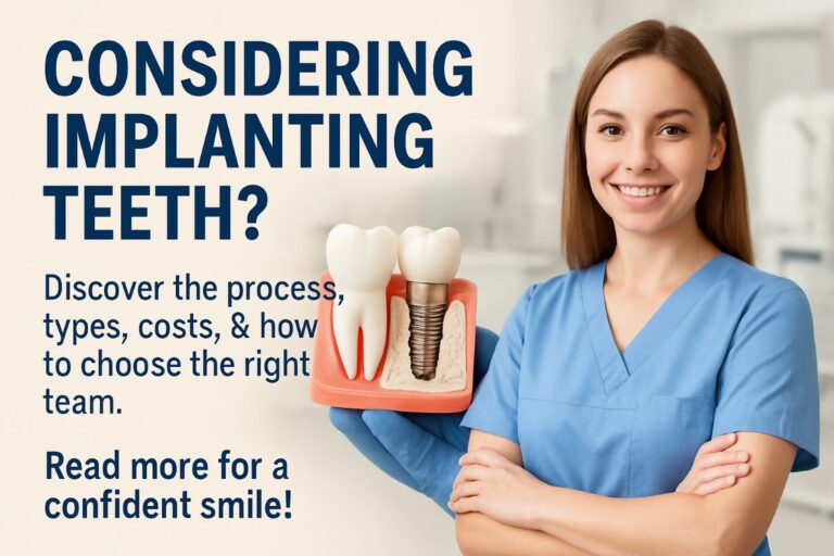 A step-by-step diagram that shows the process of implanting a tooth, from initial consultation and imaging, to implant placement, healing, and final crown attachment. No text on the image.