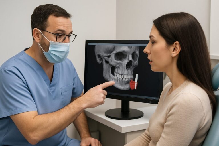A dentist is showing a patient a 3D scan of their jaw, pointing to an area where bone grafting is needed for a dental implant. The dentist is explaining the procedure and the need for bone grafting to the patient, who is listening attentively. No text on image.