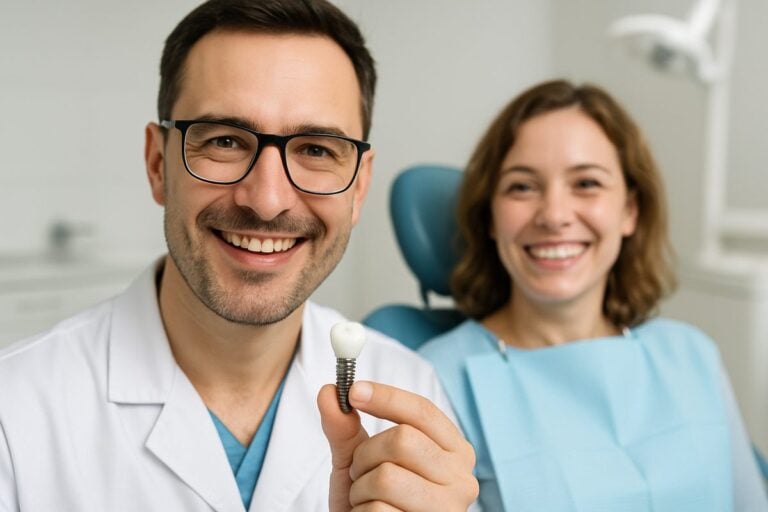 Image of a dentist smiling and holding a titanium dental implant, with a patient smiling in the background. No text on the image.