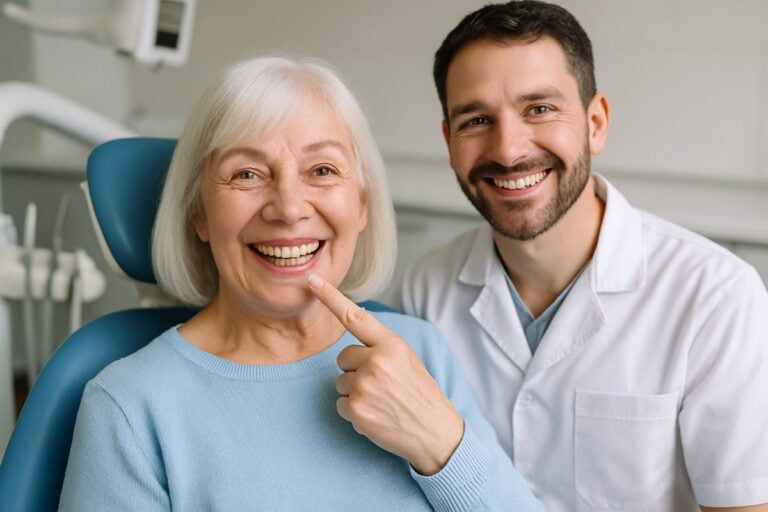 Image showcasing a smiling senior woman in a dental chair, confidently pointing to her new dental implant, with a dentist beside her. No text on the image.
