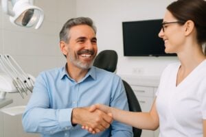 A smiling patient is shaking hands with a dentist after receiving dental implants, set in a modern dental office. No text on image.