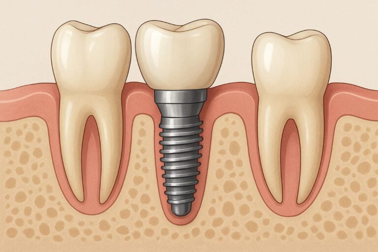 Photo of a healthy human mouth x-ray with labeled dental implant post, abutment, and crown. Add an inset image of the three physical components isolated on a white background. No text on image.