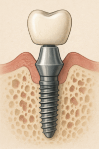 A diagram showcasing the components of an endosteal implant: the implant screw integrated into the jawbone, the abutment connecting the screw, and a crown on top. No text on image.