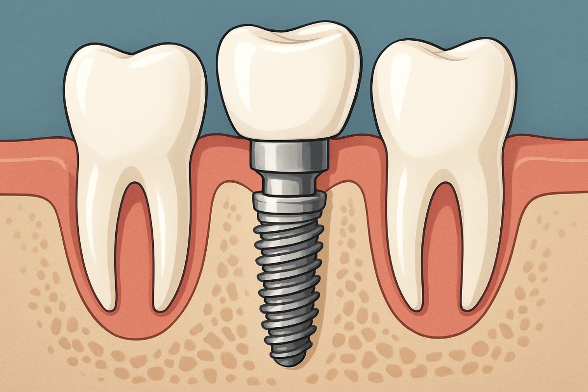 A periodontist pointing to a dental implant x-ray, explaining the procedure to a patient. No text on the image.