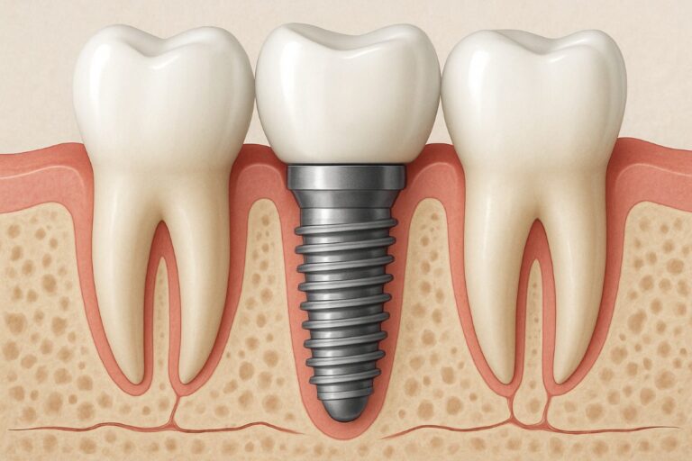 Image of a dentist speaking with a patient, pointing to a digital scan of the patient's mouth showcasing a dental implant placement. The text on the image says "Dental Implants: Step-by-Step Guide".