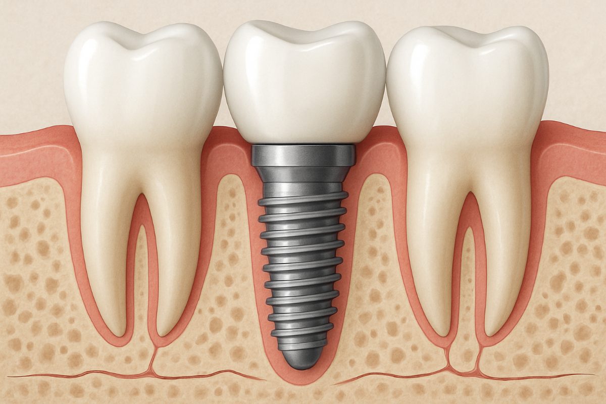 Image of a dentist speaking with a patient, pointing to a digital scan of the patient's mouth showcasing a dental implant placement. The text on the image says "Dental Implants: Step-by-Step Guide".