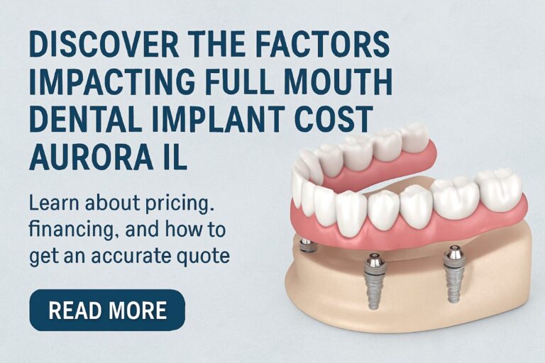 Photo of a modern dental office consultation room in Aurora, IL, with a dentist explaining full mouth dental implant options to a patient using a 3D model of dental implants. No text on image.