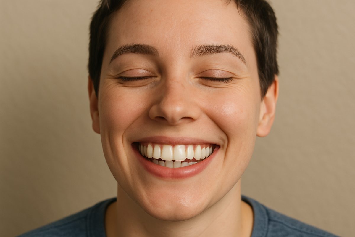 A person with a gap in their teeth is smiling after getting an appearance implant. The implant is perfectly matched to the color of their teeth, showing off the natural look. No text on image.