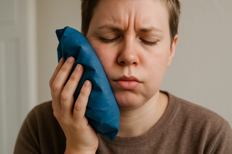 A person with a swollen cheek is holding an ice pack to their face after dental implant surgery. No text on image.