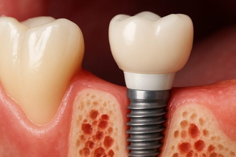 A close-up image of a dental implant integrated into the jawbone, showcasing the implant screw, abutment, and crown. The image should highlight the stability and natural appearance of the implant, without any text on the image.