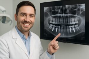 Photo of a dentist smiling and pointing to a 3D x-ray of a patient's mouth, indicating where full mouth dental implants could be placed. No text on image.