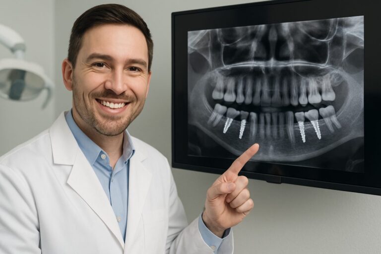 Photo of a dentist smiling and pointing to a 3D x-ray of a patient's mouth, indicating where full mouth dental implants could be placed. No text on image.