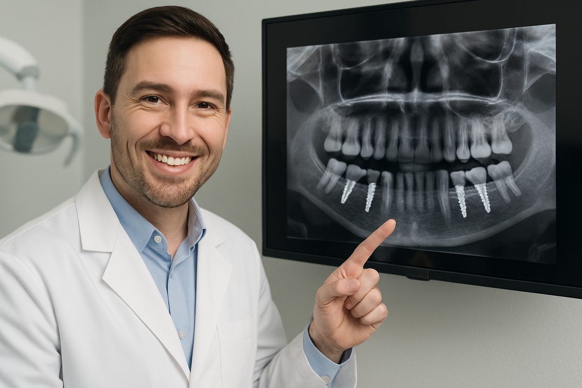 Photo of a dentist smiling and pointing to a 3D x-ray of a patient's mouth, indicating where full mouth dental implants could be placed. No text on image.