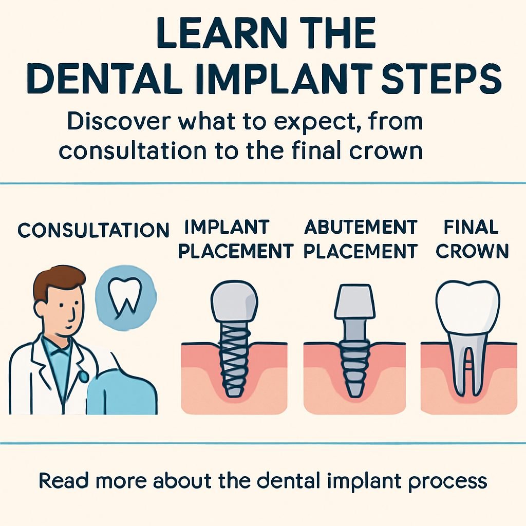An infographic depicting the implant dental steps, from initial consultation and imaging, to implant placement, healing, and final crown restoration. No text on the image.