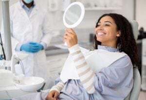 Patient and dentist in consultation with digital imaging in a dental office
