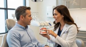 Dentist discussing fake teeth options with a patient in a modern clinic