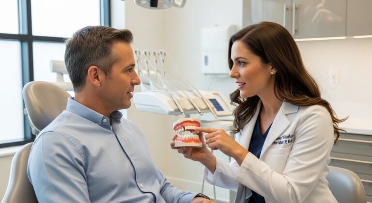 Dentist discussing fake teeth options with a patient in a modern clinic