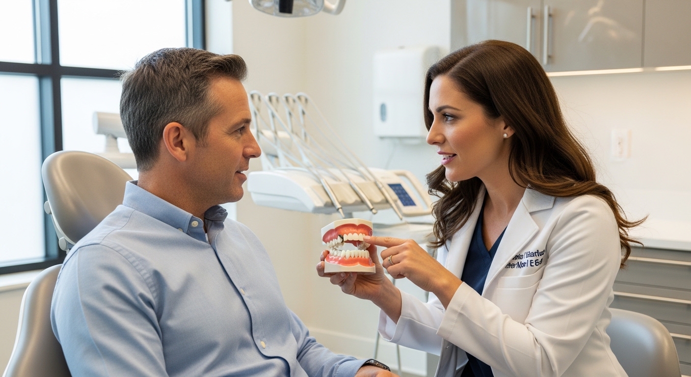 Dentist discussing fake teeth options with a patient in a modern clinic