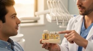 Dental consultation about implants vs bridges in a modern clinic setting.